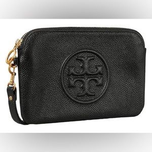 Tory Burch Perry Bombe Black Pebbled Leather Lrg Wristlet Bag